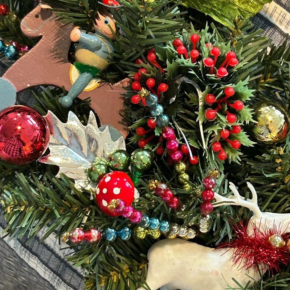 Vintage Repurposed Festive Holiday Wreath with Red Accents - Picture 9 of 10